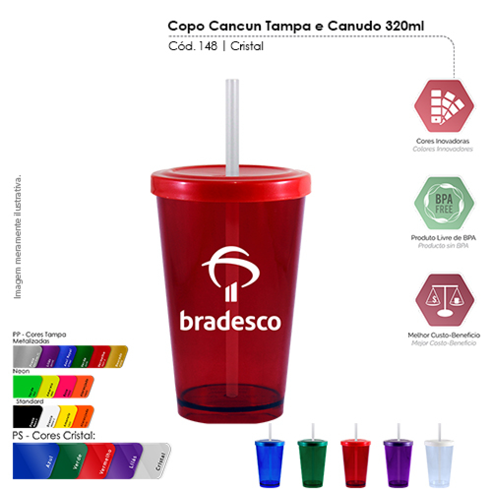 Copo Cancun Tampa e Canudo 320ml Cristal